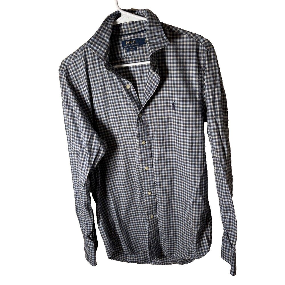 Polo Ralph Lauren Shirt Men's Medium Blue Plaid Slim Fit Button Up Preppy Casual